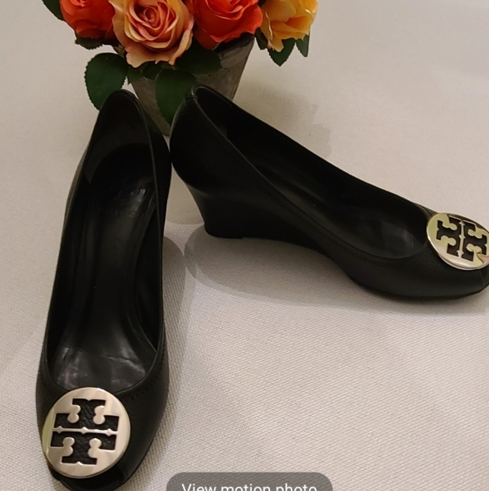 Tory Burch Black Leather Peep-Toe Wedge